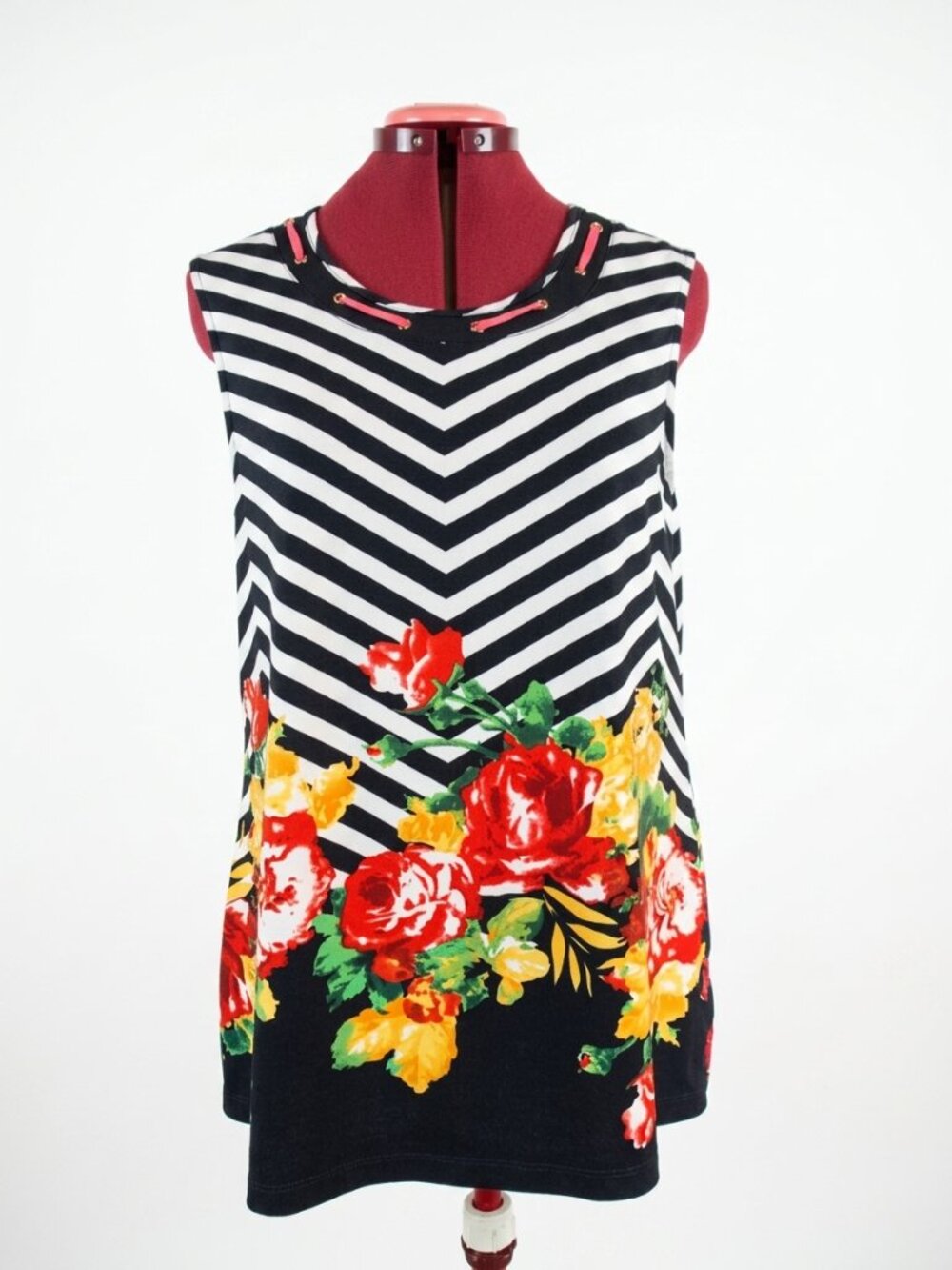 MARIE CLAIRE Floral Chevron Striped Lace-Up Top Y2K Graphic Tunic Tank - Large